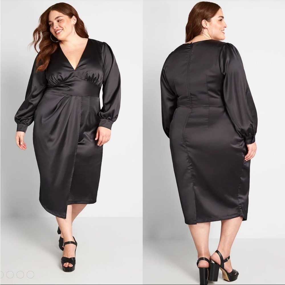Modcloth Elegant Black Satin Long Sleeve Dress